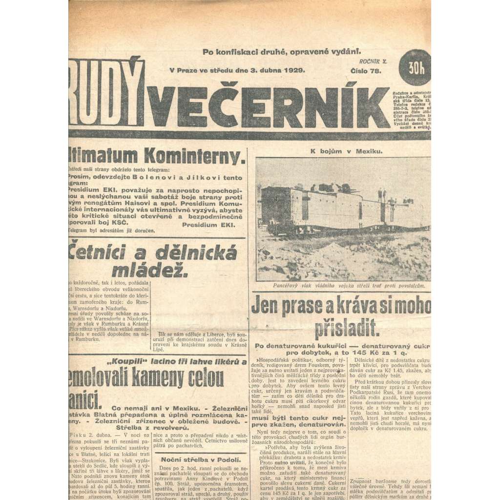 Rudý večerník (3.4.1929) - staré noviny, 1. republika