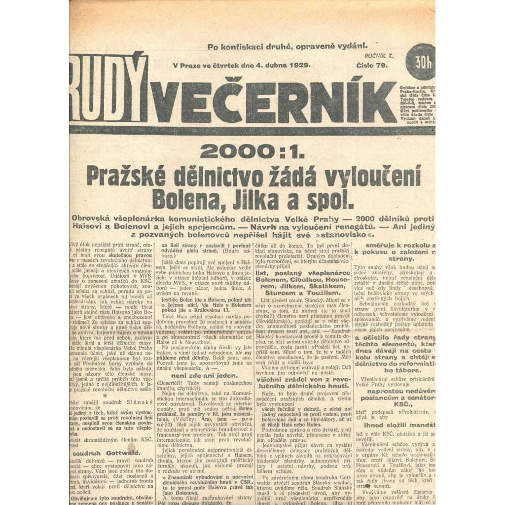 Rudý večerník (4.4.1929) - staré noviny, 1. republika