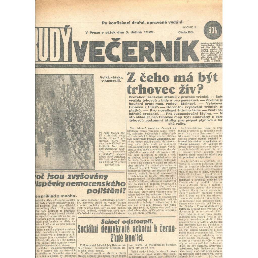 Rudý večerník (5.4.1929) - staré noviny, 1. republika