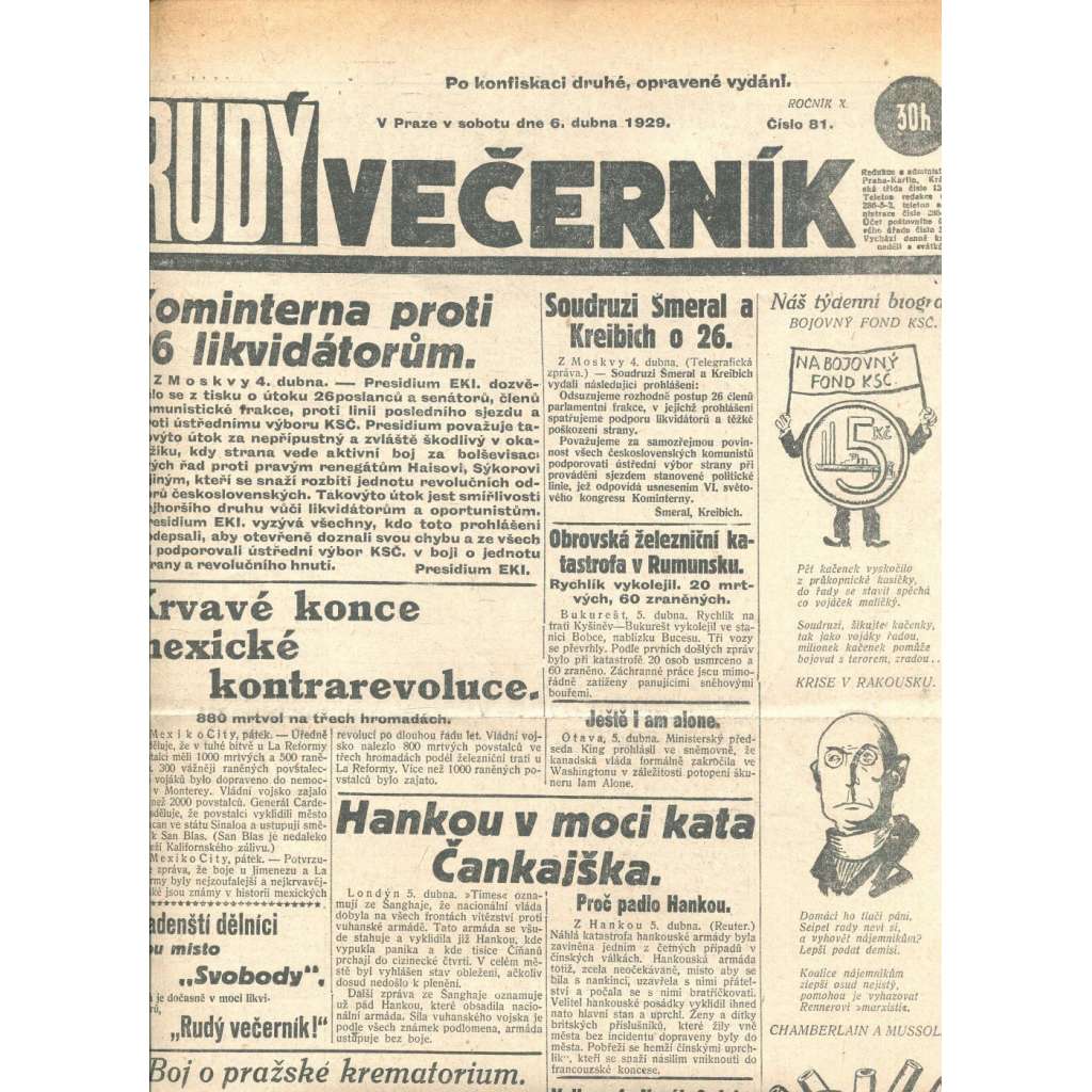 Rudý večerník (6.4.1929) - staré noviny, 1. republika