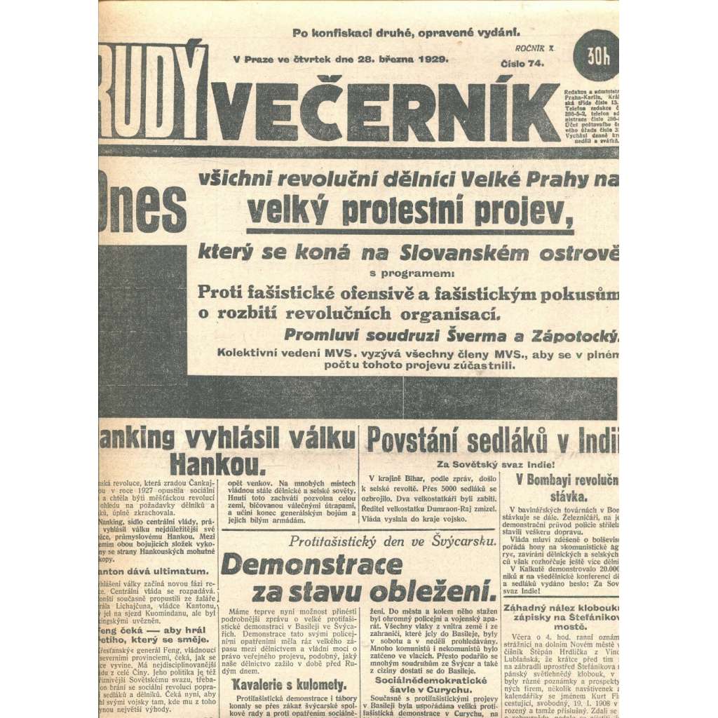 Rudý večerník (28.3.1929) - staré noviny, 1. republika