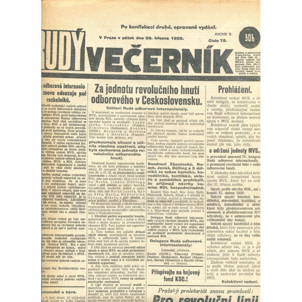 Rudý večerník (29.3.1929) - staré noviny, 1. republika