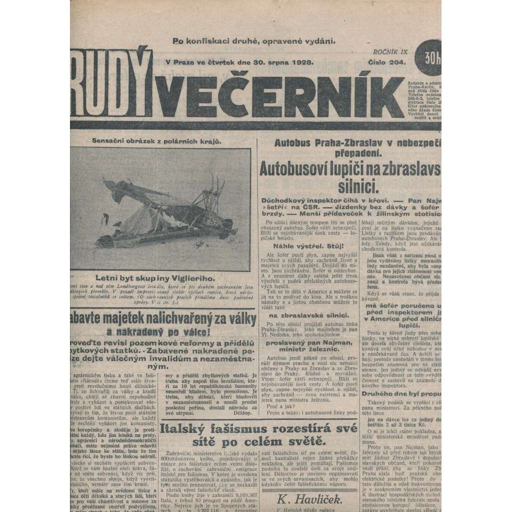 Rudý večerník (30.8.1928) - staré noviny, 1. republika
