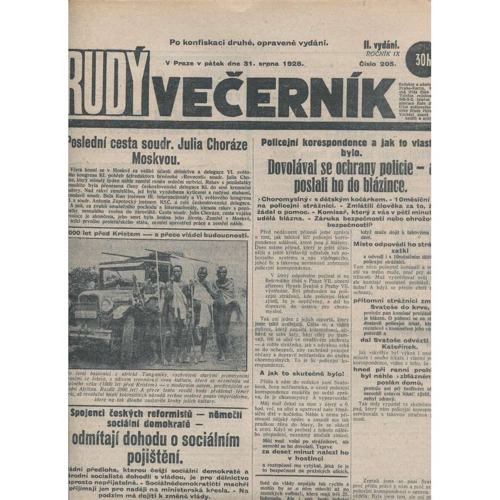 Rudý večerník (31.8.1928) - staré noviny, 1. republika