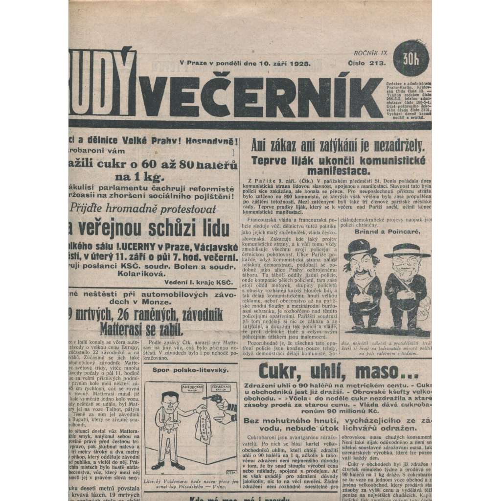 Rudý večerník (10.9.1928) - staré noviny, 1. republika