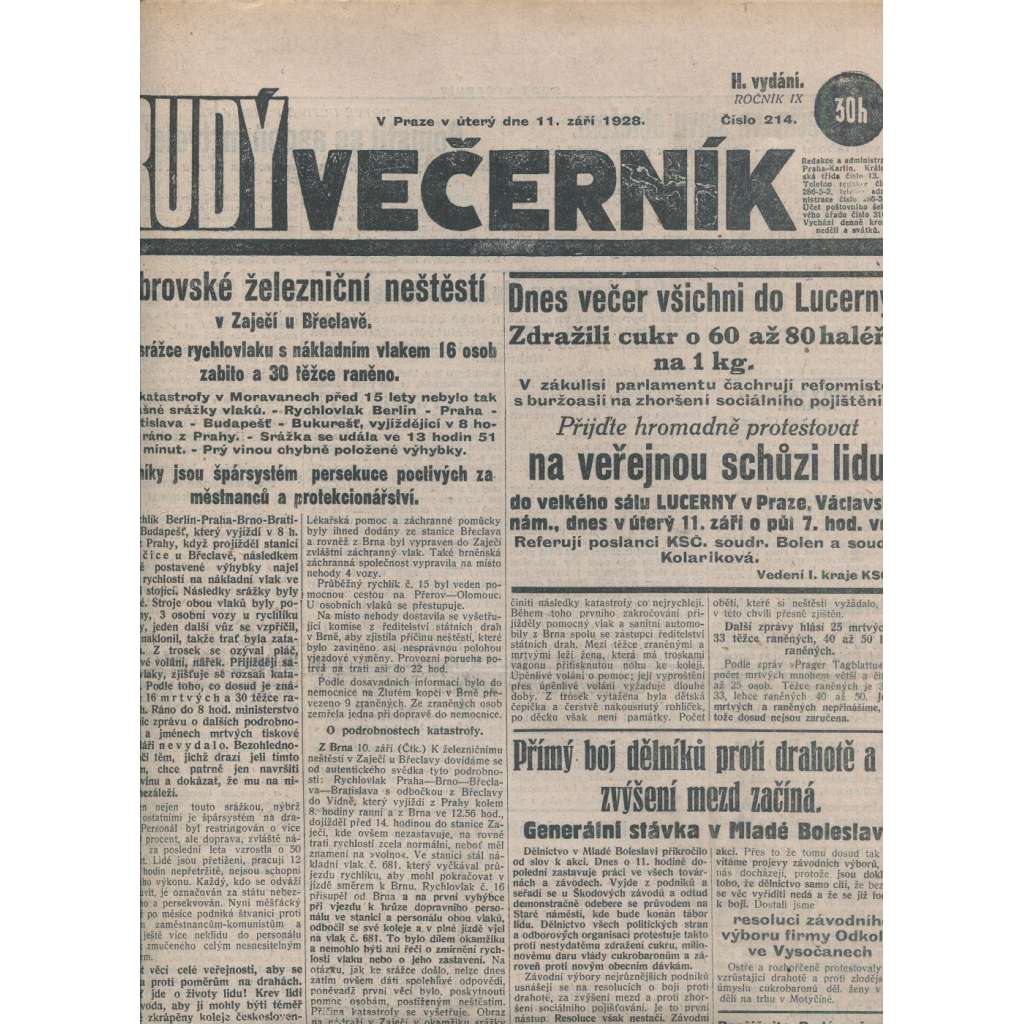 Rudý večerník (11.9.1928) - staré noviny, 1. republika