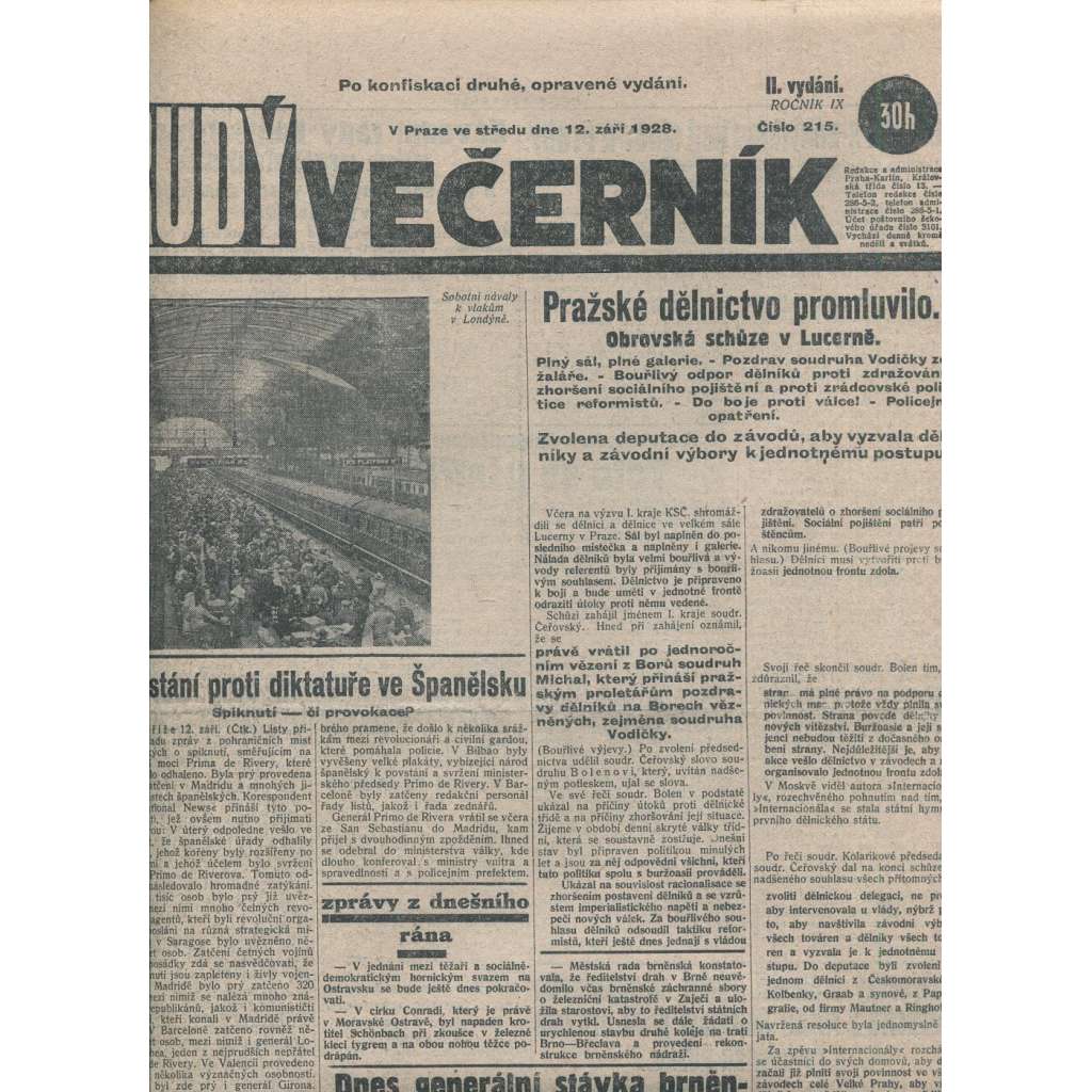 Rudý večerník (12.9.1928) - staré noviny, 1. republika