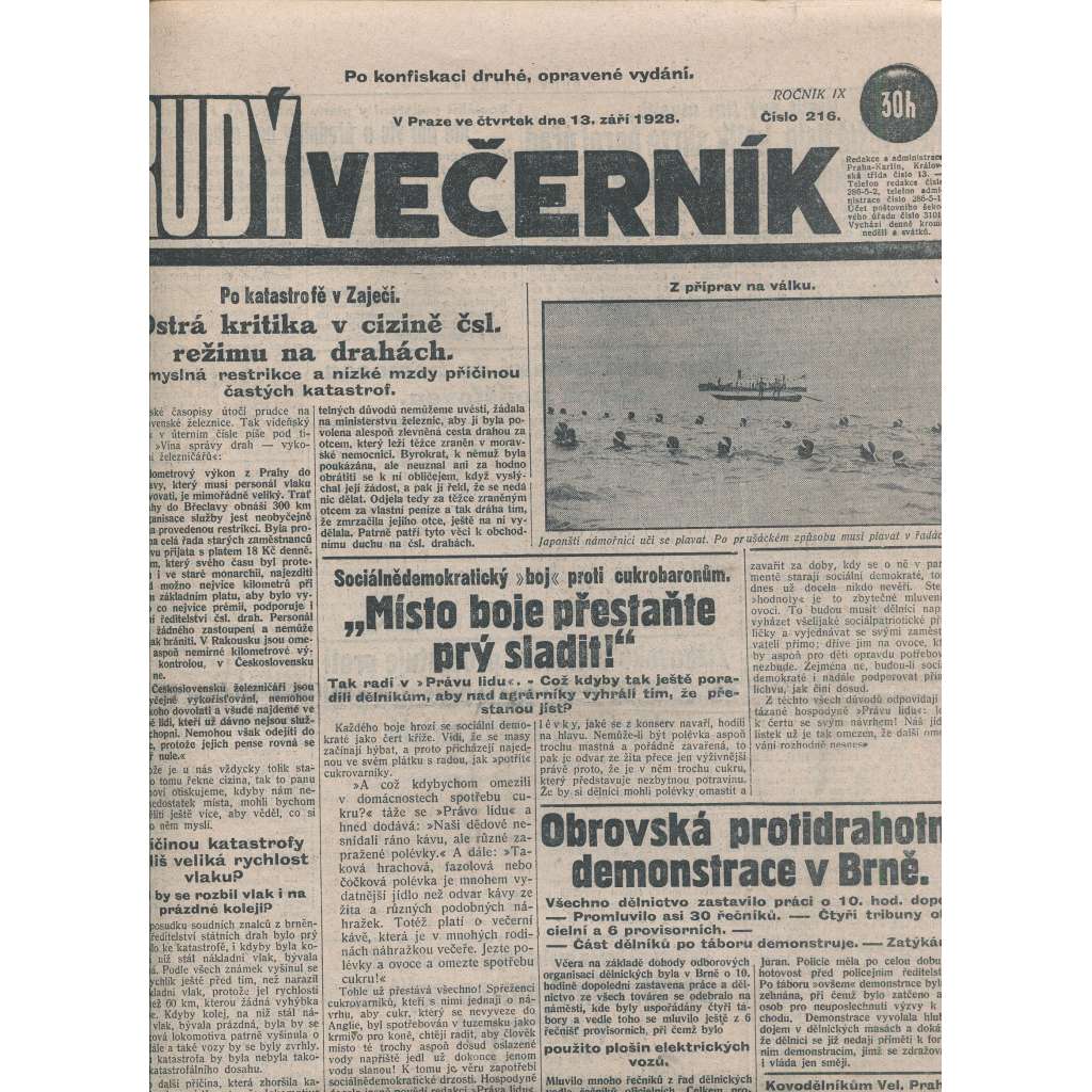 Rudý večerník (13.9.1928) - staré noviny, 1. republika