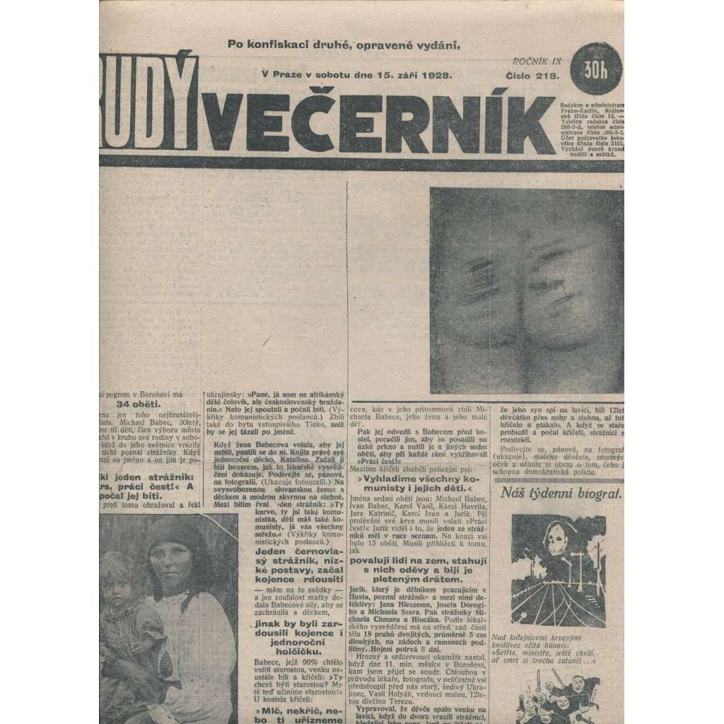 Rudý večerník (15.9.1928) - staré noviny, 1. republika