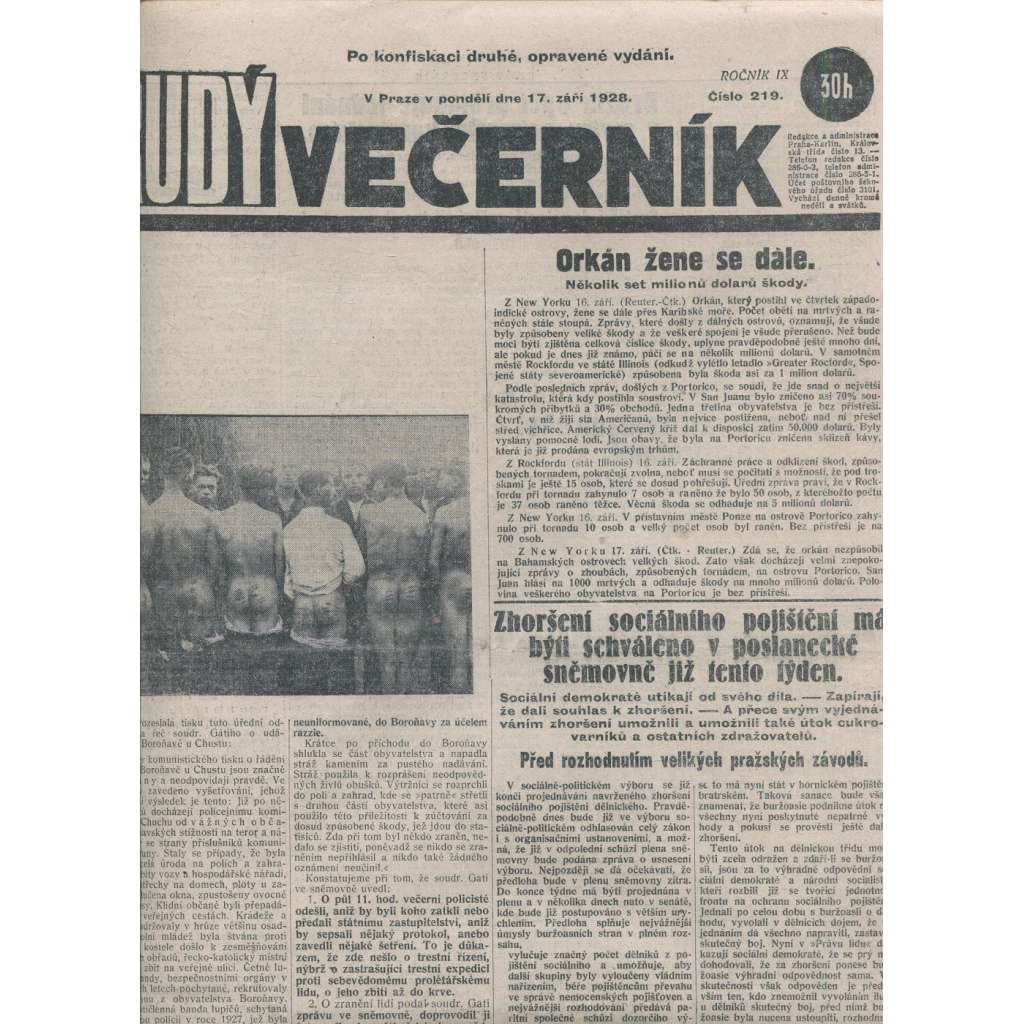 Rudý večerník (17.9.1928) - staré noviny, 1. republika