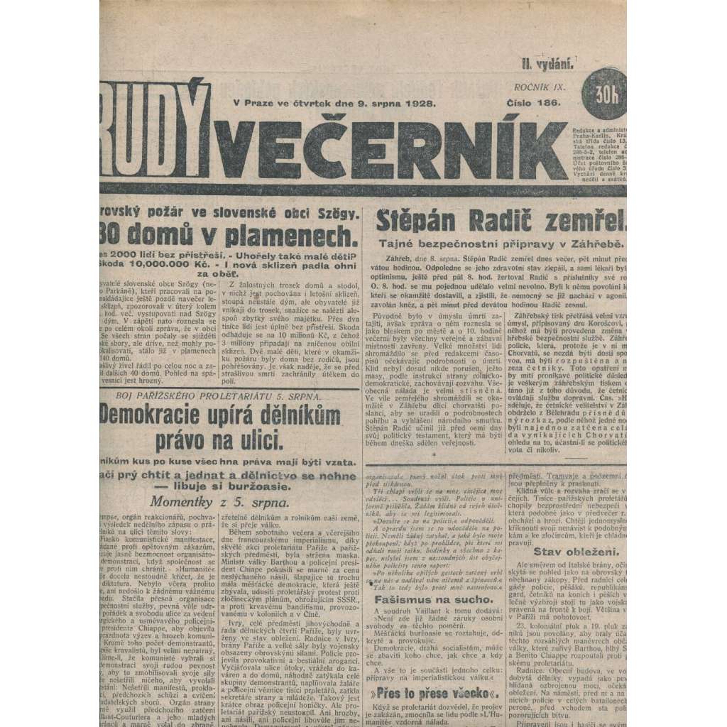 Rudý večerník (9.8.1928) - staré noviny, 1. republika