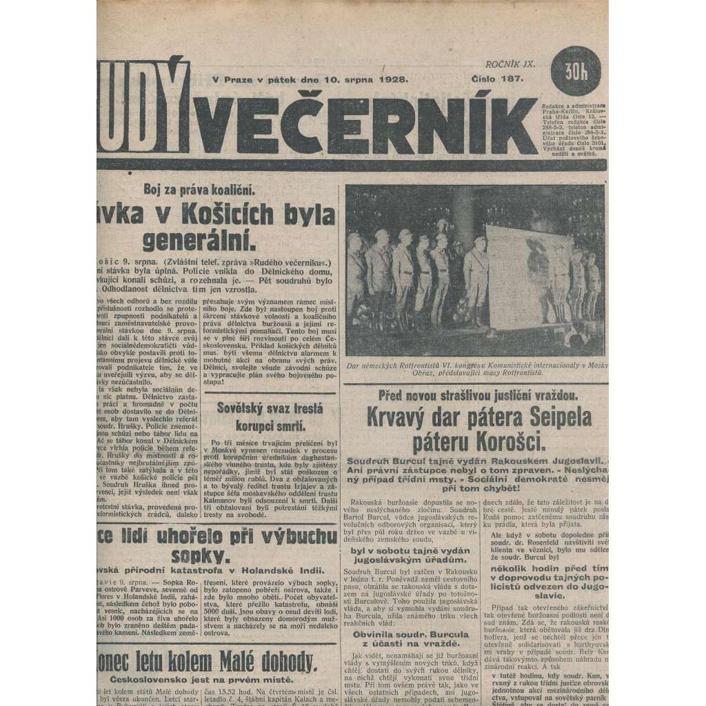 Rudý večerník (10.8.1928) - staré noviny, 1. republika