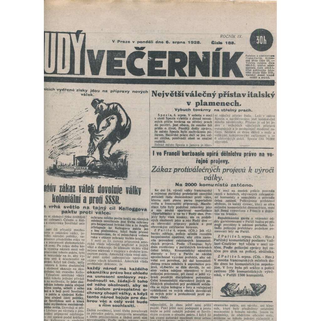 Rudý večerník (6.8.1928) - staré noviny, 1. republika