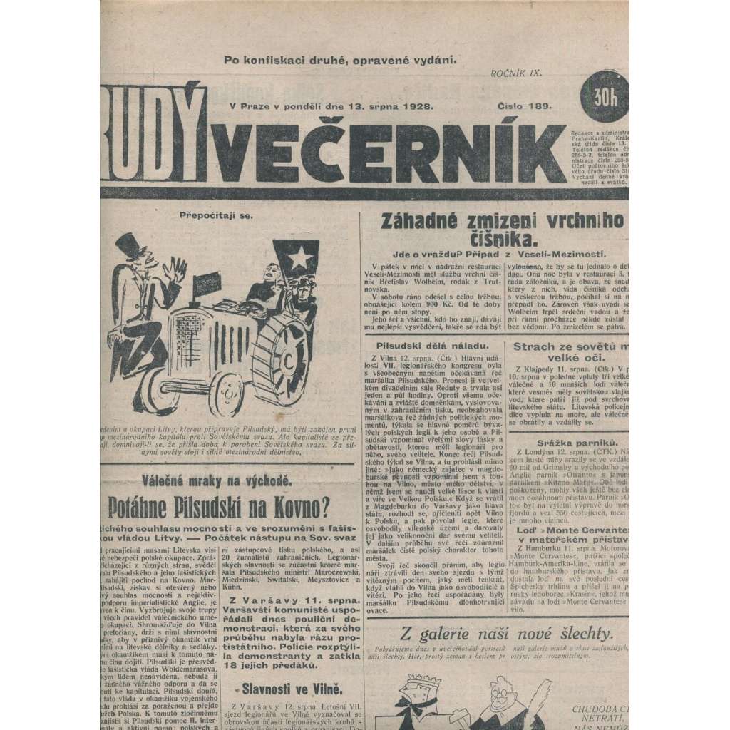 Rudý večerník (13.8.1928) - staré noviny, 1. republika