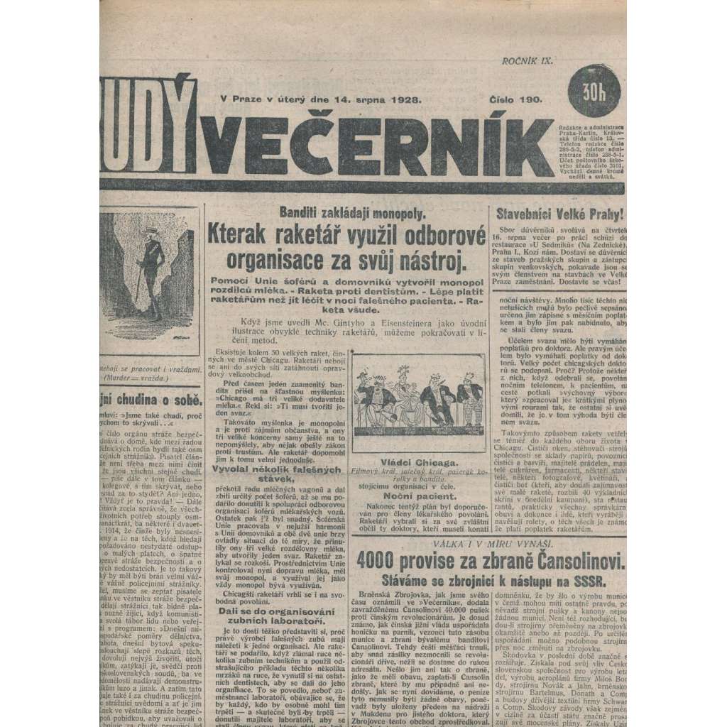 Rudý večerník (14.8.1928) - staré noviny, 1. republika