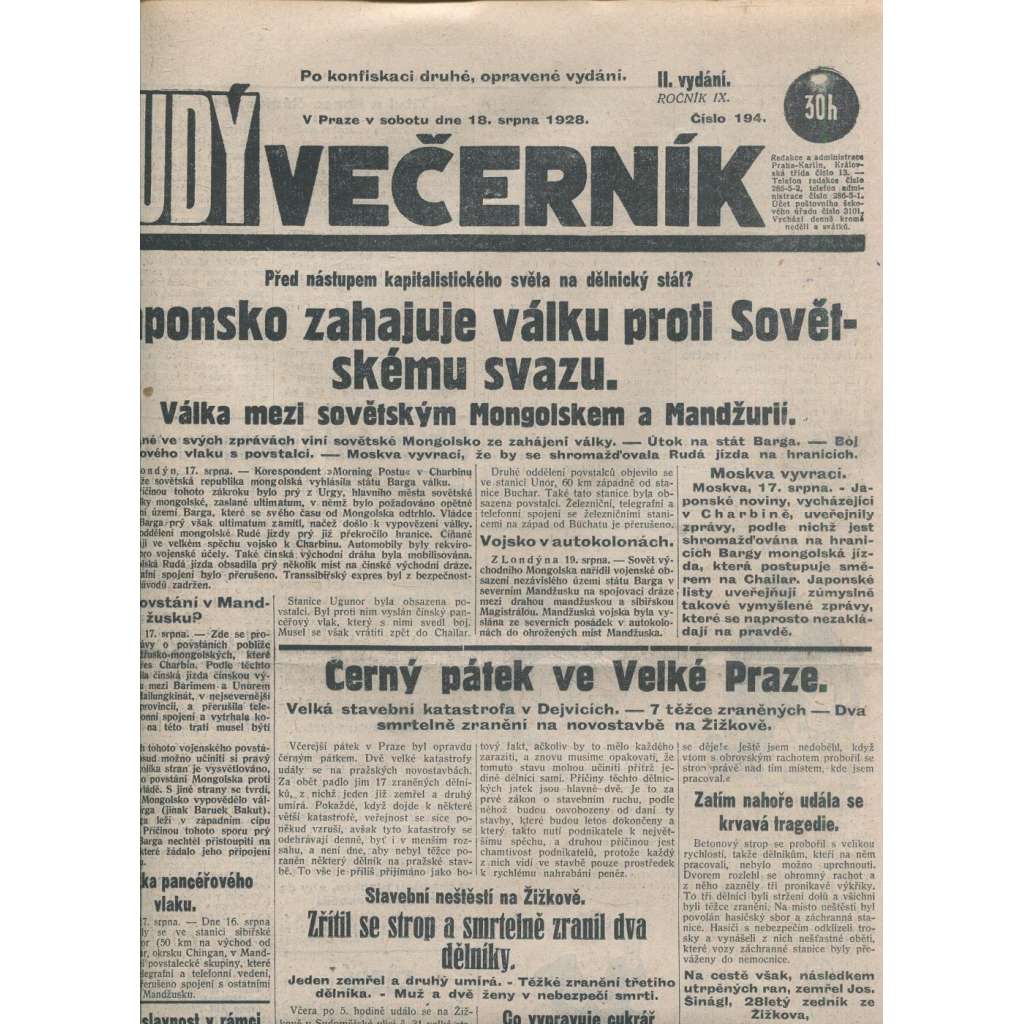 Rudý večerník (18.8.1928) - staré noviny, 1. republika