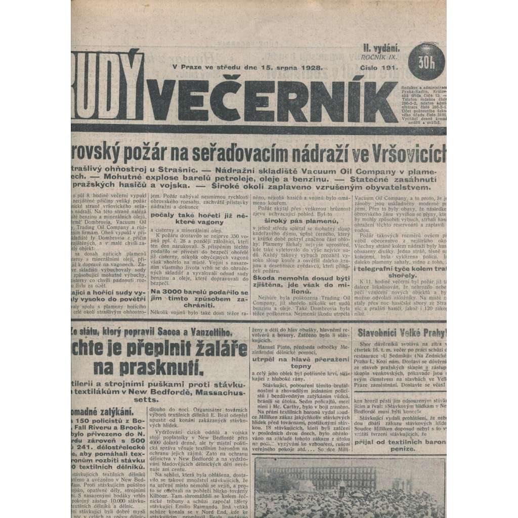 Rudý večerník (15.8.1928) - staré noviny, 1. republika