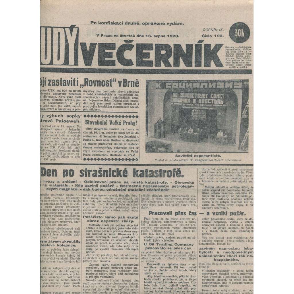 Rudý večerník (16.8.1928) - staré noviny, 1. republika