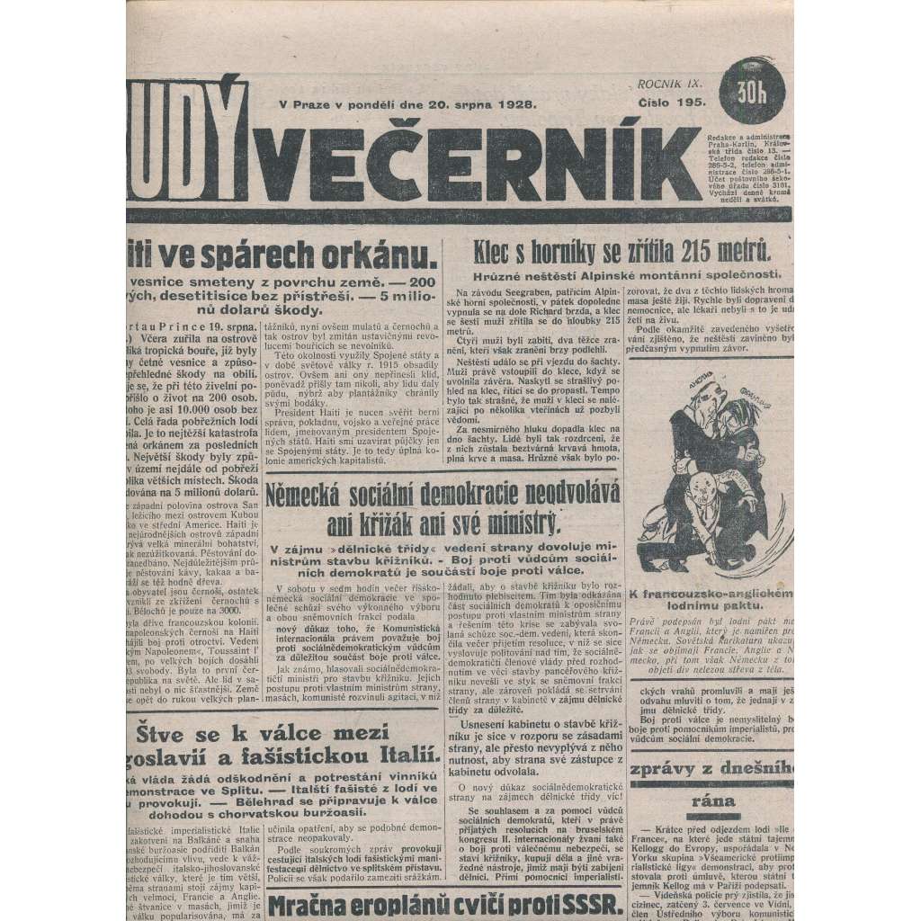 Rudý večerník (20.8.1928) - staré noviny, 1. republika