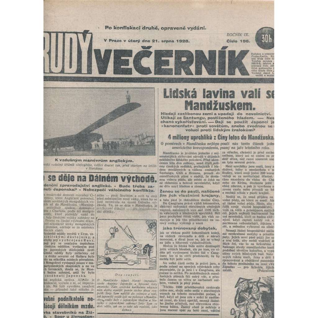 Rudý večerník (21.8.1928) - staré noviny, 1. republika