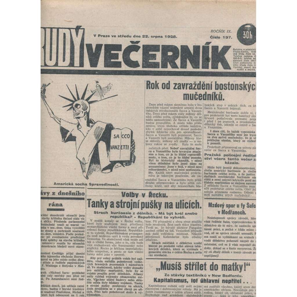 Rudý večerník (22.8.1928) - staré noviny, 1. republika