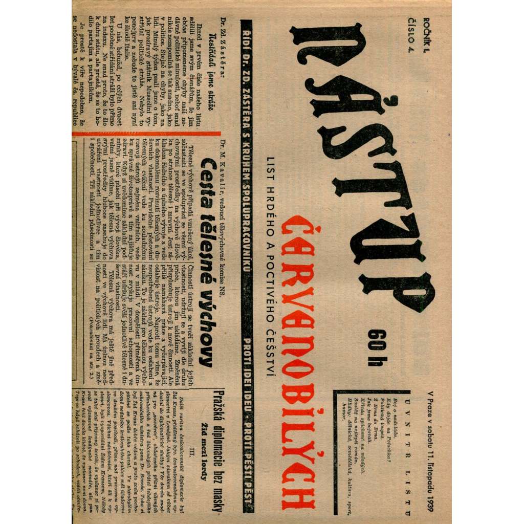 Nástup červenobílých - List hrdého češství, ročník I., č. 4/1939 [kolaborace, Protektorát]