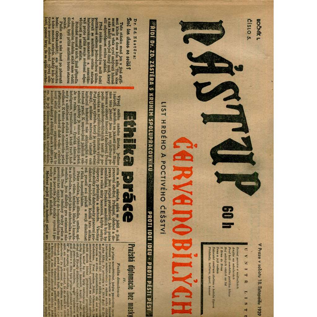 Nástup červenobílých - List hrdého češství, ročník I., č. 5/1939 [kolaborace, Protektorát]