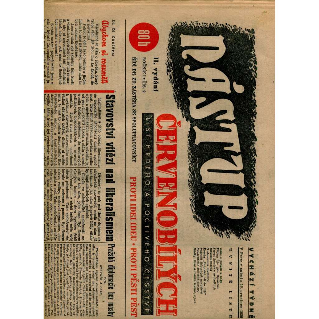 Nástup červenobílých - List hrdého češství, ročník I., č. 9/1939 [kolaborace, Protektorát]