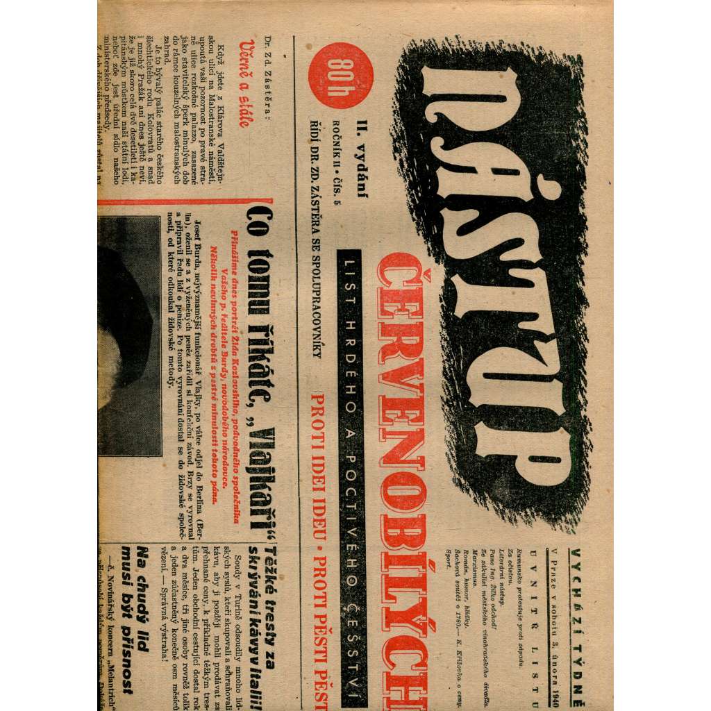 Nástup červenobílých - List hrdého češství, ročník II., č. 5/1940 [kolaborace, Protektorát] - noviny