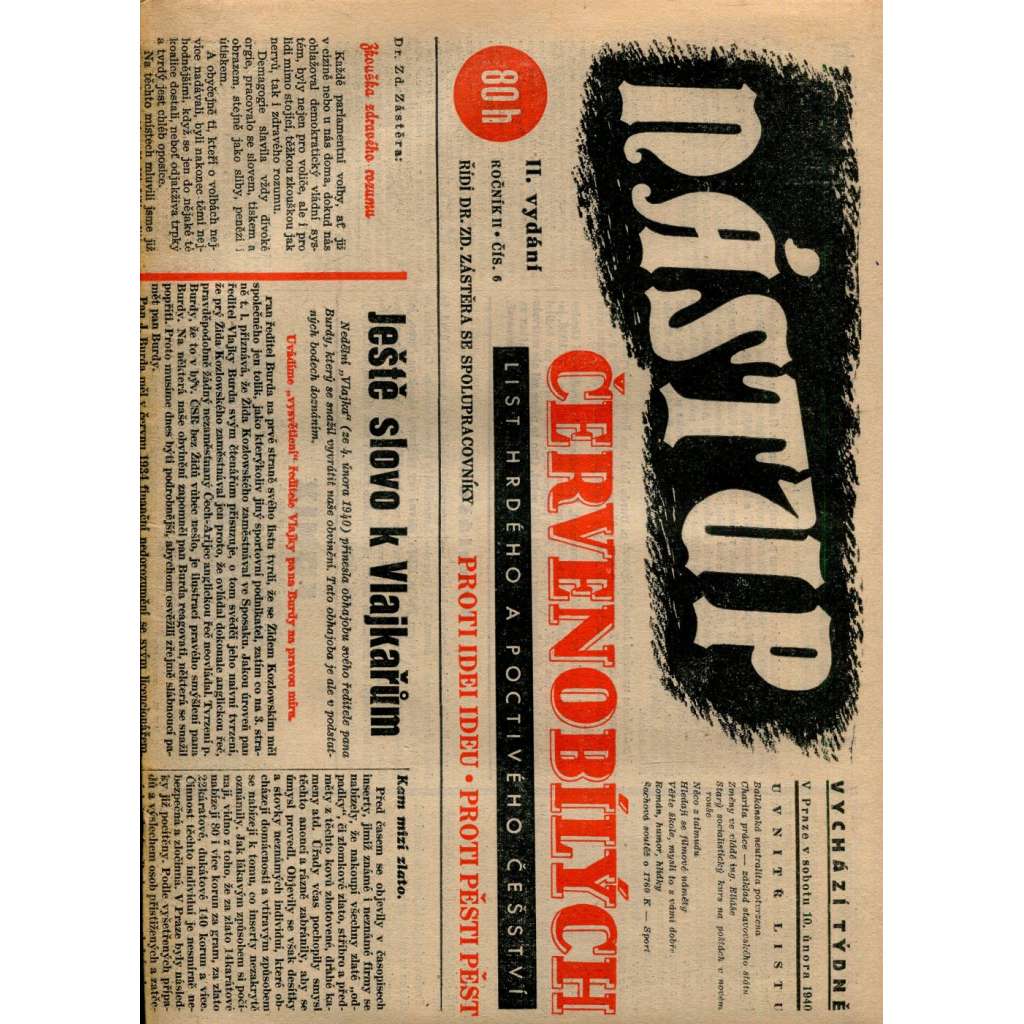 Nástup červenobílých - List hrdého češství, ročník II., č. 6/1940 [kolaborace, Protektorát] - noviny