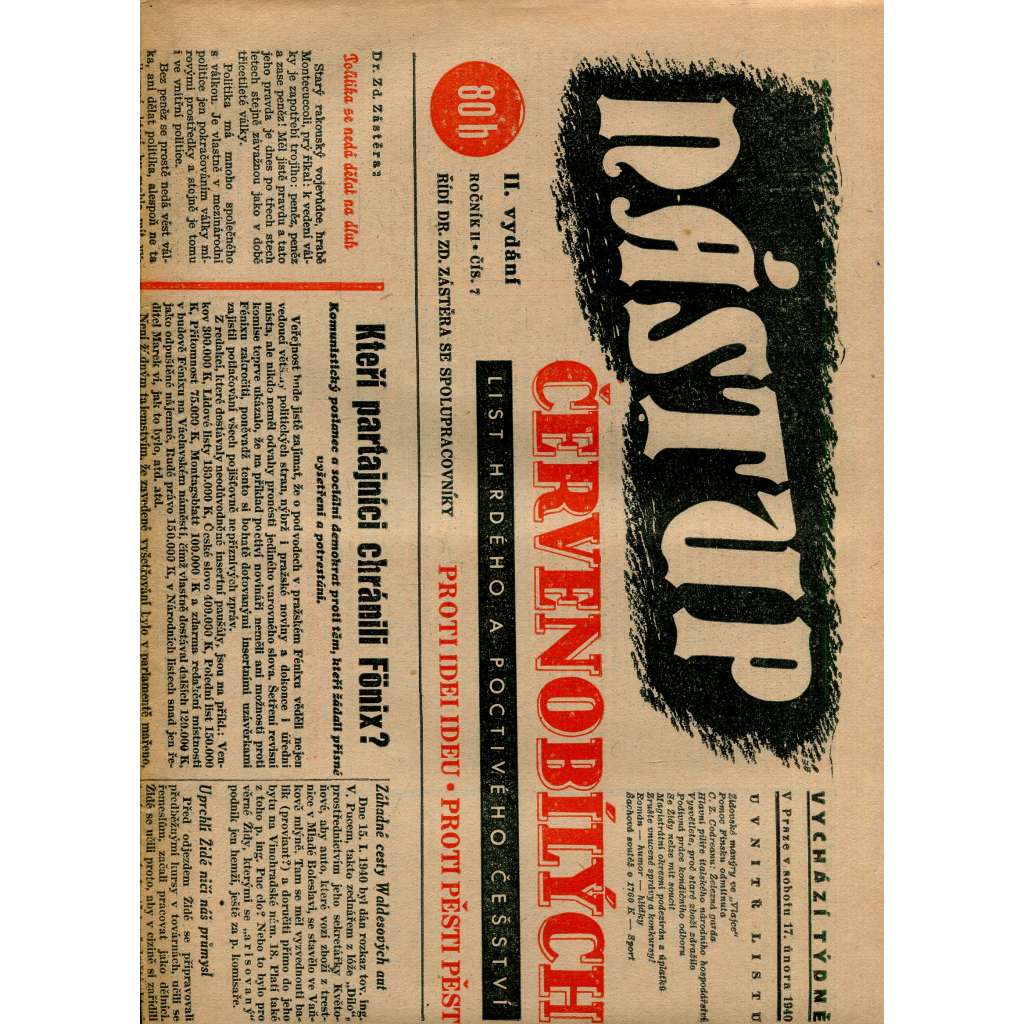 Nástup červenobílých - List hrdého češství, ročník II., č. 7/1940 [kolaborace, Protektorát] - noviny