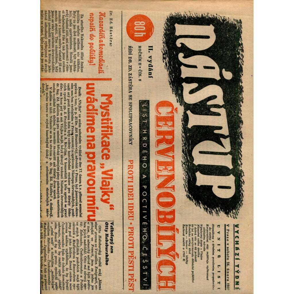 Nástup červenobílých - List hrdého češství, ročník II., č. 8/1940 [kolaborace, Protektorát] - noviny