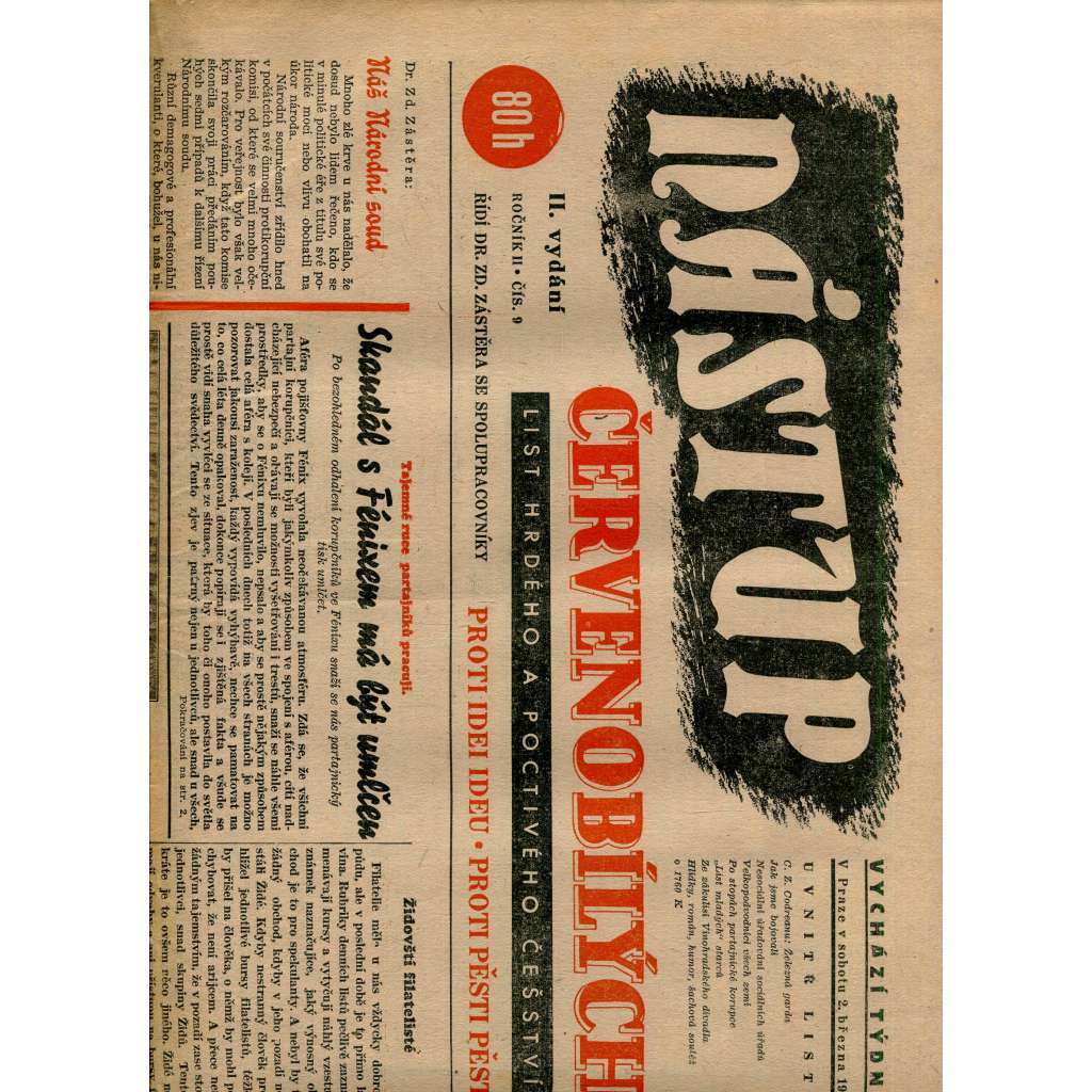 Nástup červenobílých - List hrdého češství, ročník II., č. 9/1940 [kolaborace, Protektorát] - noviny
