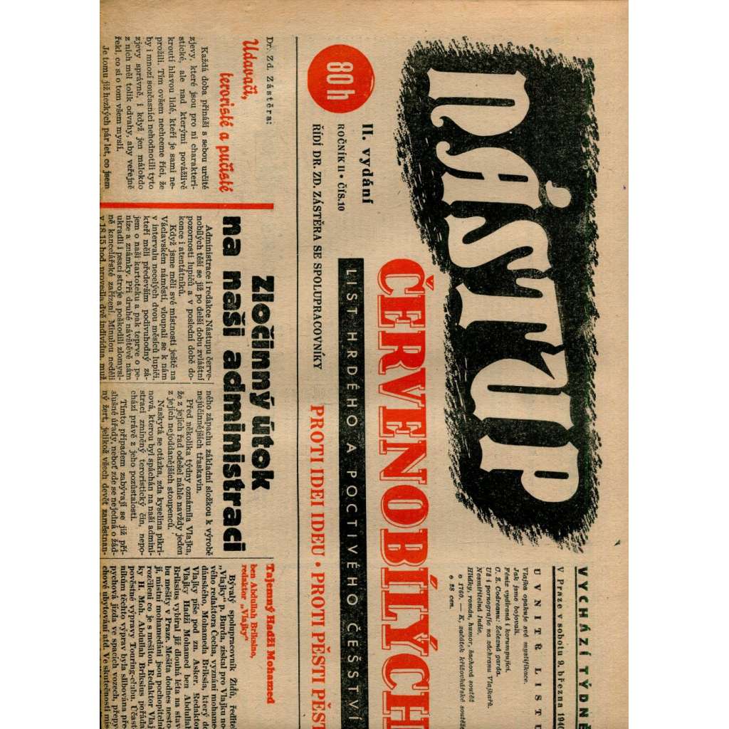 Nástup červenobílých - List hrdého češství, ročník II., č. 10/1940 [kolaborace, Protektorát] - noviny