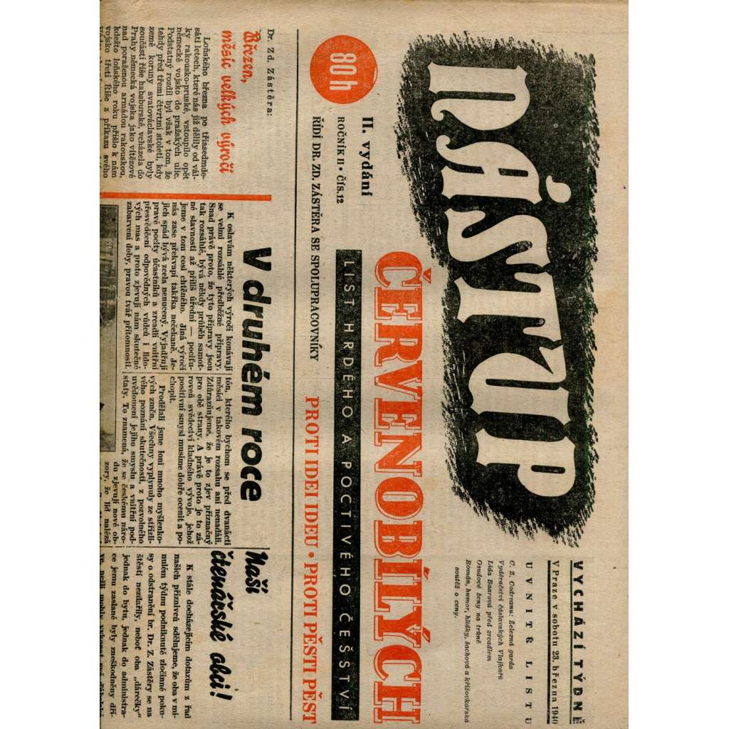 Nástup červenobílých - List hrdého češství, ročník II., č. 12/1940 [kolaborace, Protektorát] - noviny