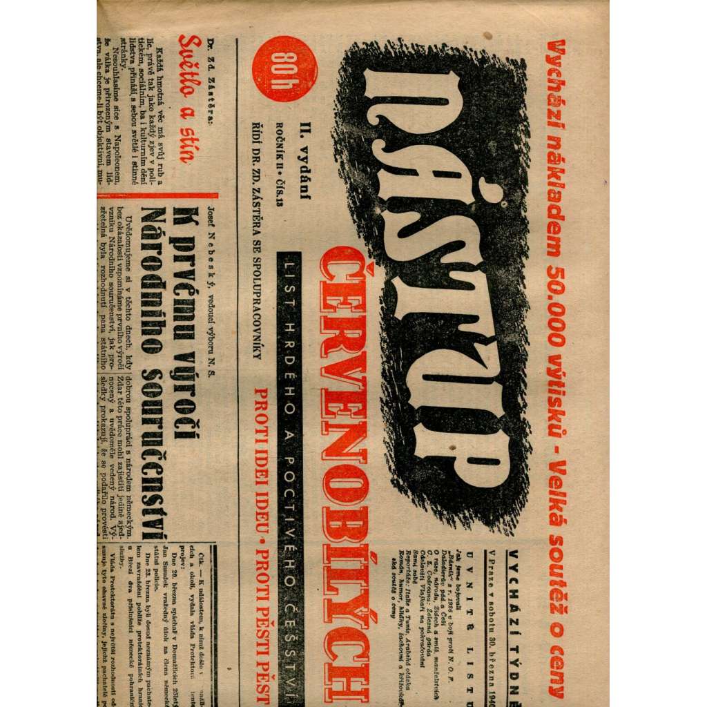 Nástup červenobílých - List hrdého češství, ročník II., č. 13/1940 [kolaborace, Protektorát] - noviny