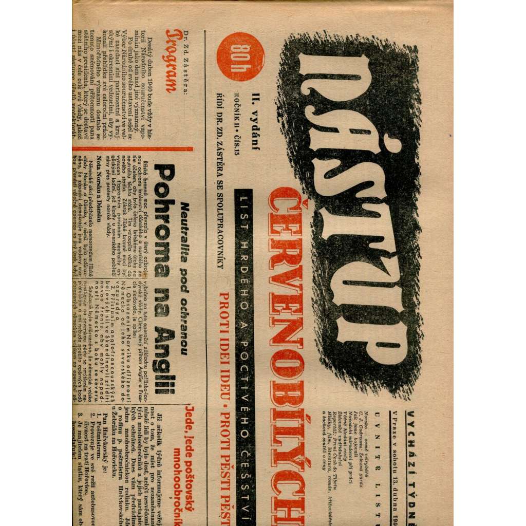 Nástup červenobílých - List hrdého češství, ročník II., č. 15/1940 [kolaborace, Protektorát] - noviny