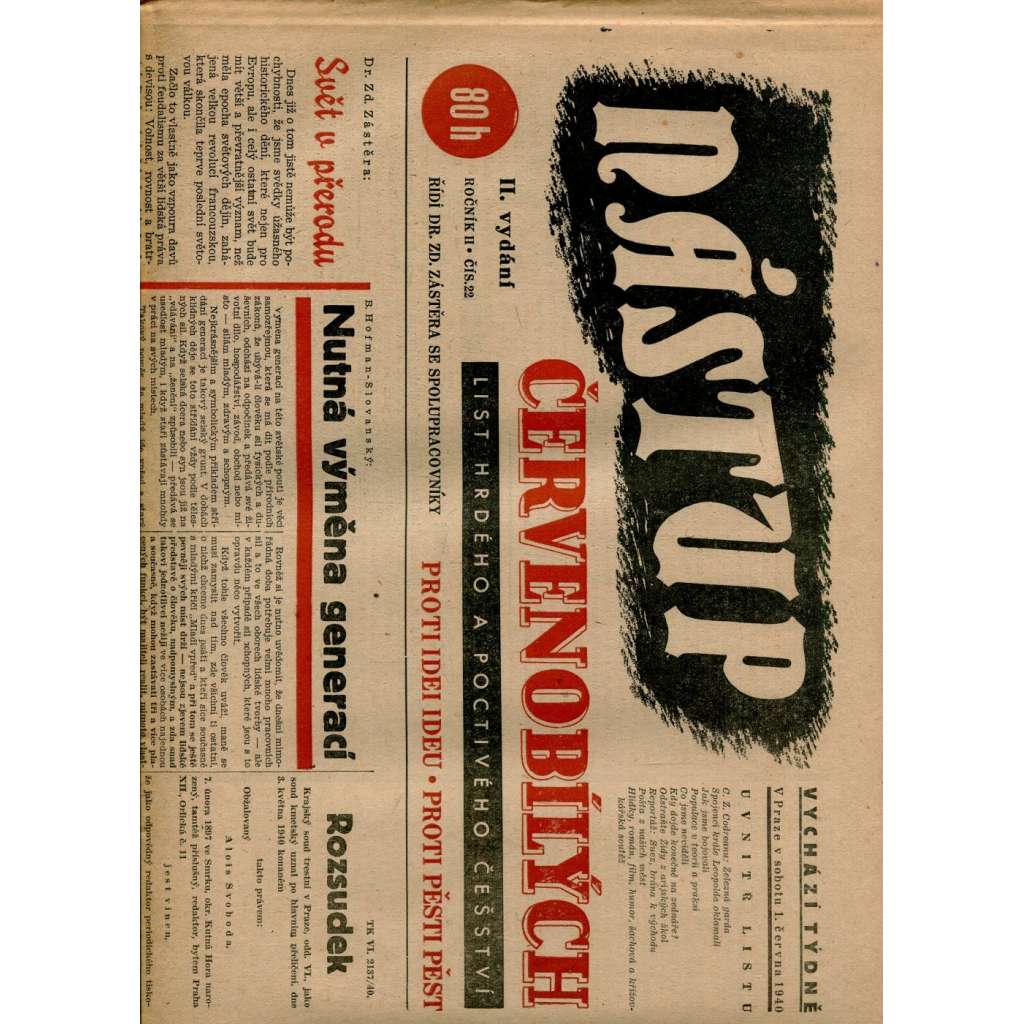 Nástup červenobílých - List hrdého češství, ročník II., č. 22/1940 [kolaborace, Protektorát] - noviny