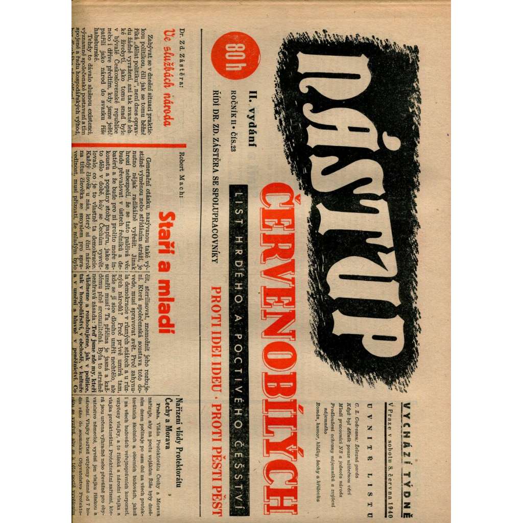 Nástup červenobílých - List hrdého češství, ročník II., č. 23/1940 [kolaborace, Protektorát] - noviny