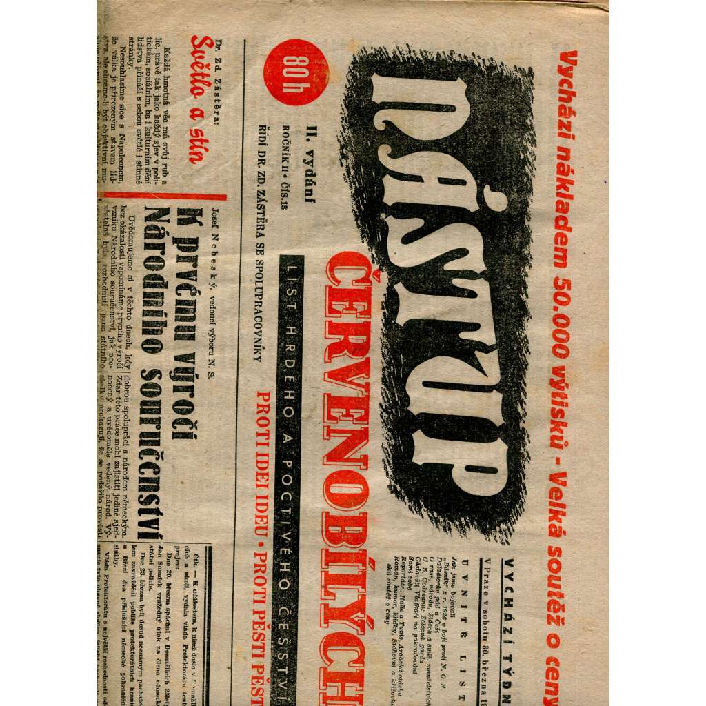 Nástup červenobílých - List hrdého češství, ročník II., č. 13/1940 [kolaborace, Protektorát] - noviny