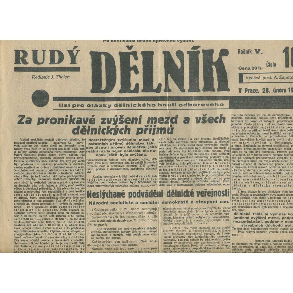 Rudý dělník, ročník V., číslo 10/1934. List pro otázky dělnického hnutí odborového (odbory, 1. republika, staré noviny)