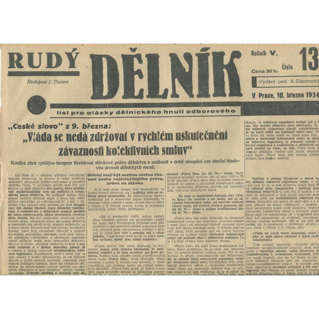 Rudý dělník, ročník V., číslo 13/1934. List pro otázky dělnického hnutí odborového (odbory, 1. republika, staré noviny)