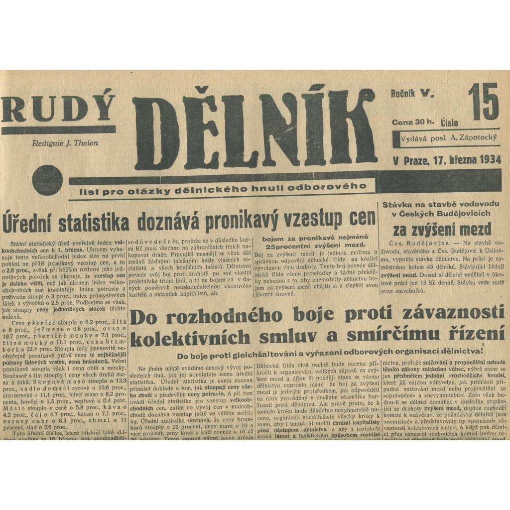 Rudý dělník, ročník V., číslo 15/1934. List pro otázky dělnického hnutí odborového (odbory, 1. republika, staré noviny)