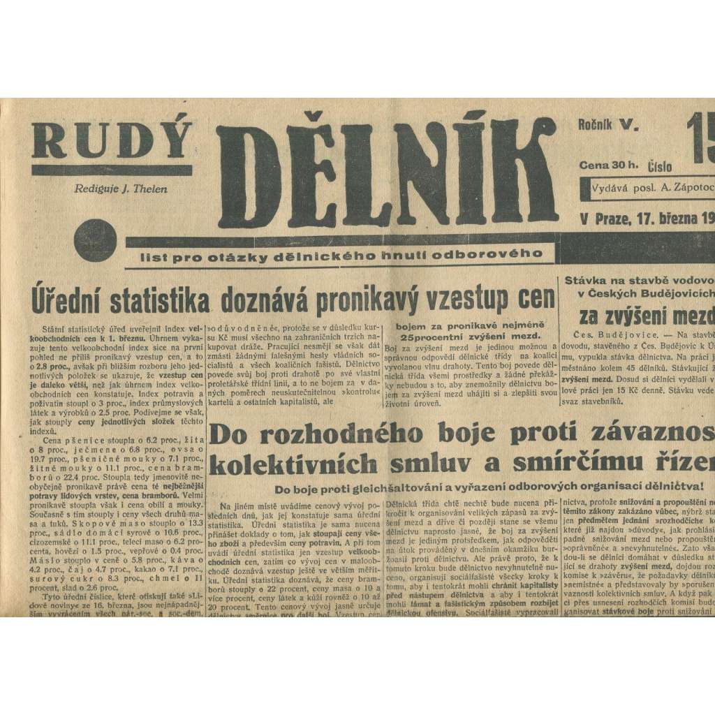 Rudý dělník, ročník V., číslo 15/1934. List pro otázky dělnického hnutí odborového (odbory, 1. republika, staré noviny)