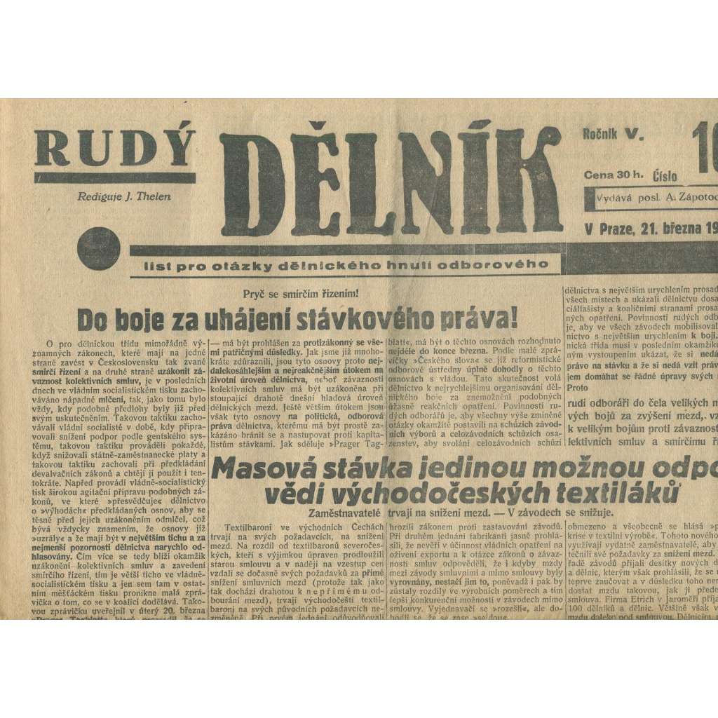 Rudý dělník, ročník V., číslo 16/1934. List pro otázky dělnického hnutí odborového (odbory, 1. republika, staré noviny)