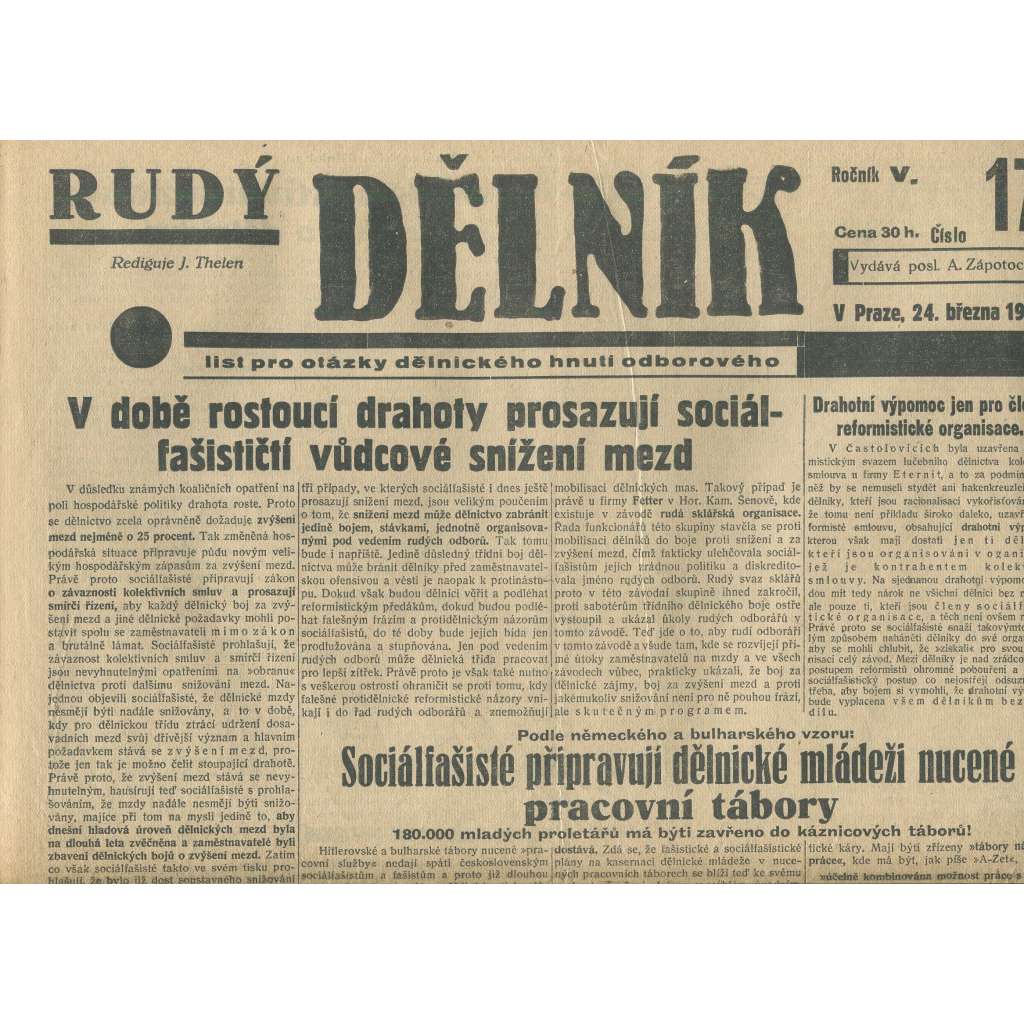 Rudý dělník, ročník V., číslo 17/1934. List pro otázky dělnického hnutí odborového (odbory, 1. republika, staré noviny)
