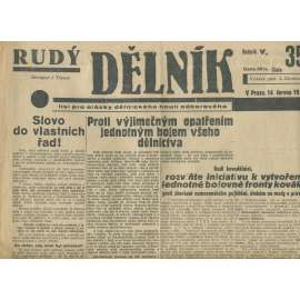 Rudý dělník, ročník V., číslo 35/1934. List pro otázky dělnického hnutí odborového (odbory, 1. republika, staré noviny)
