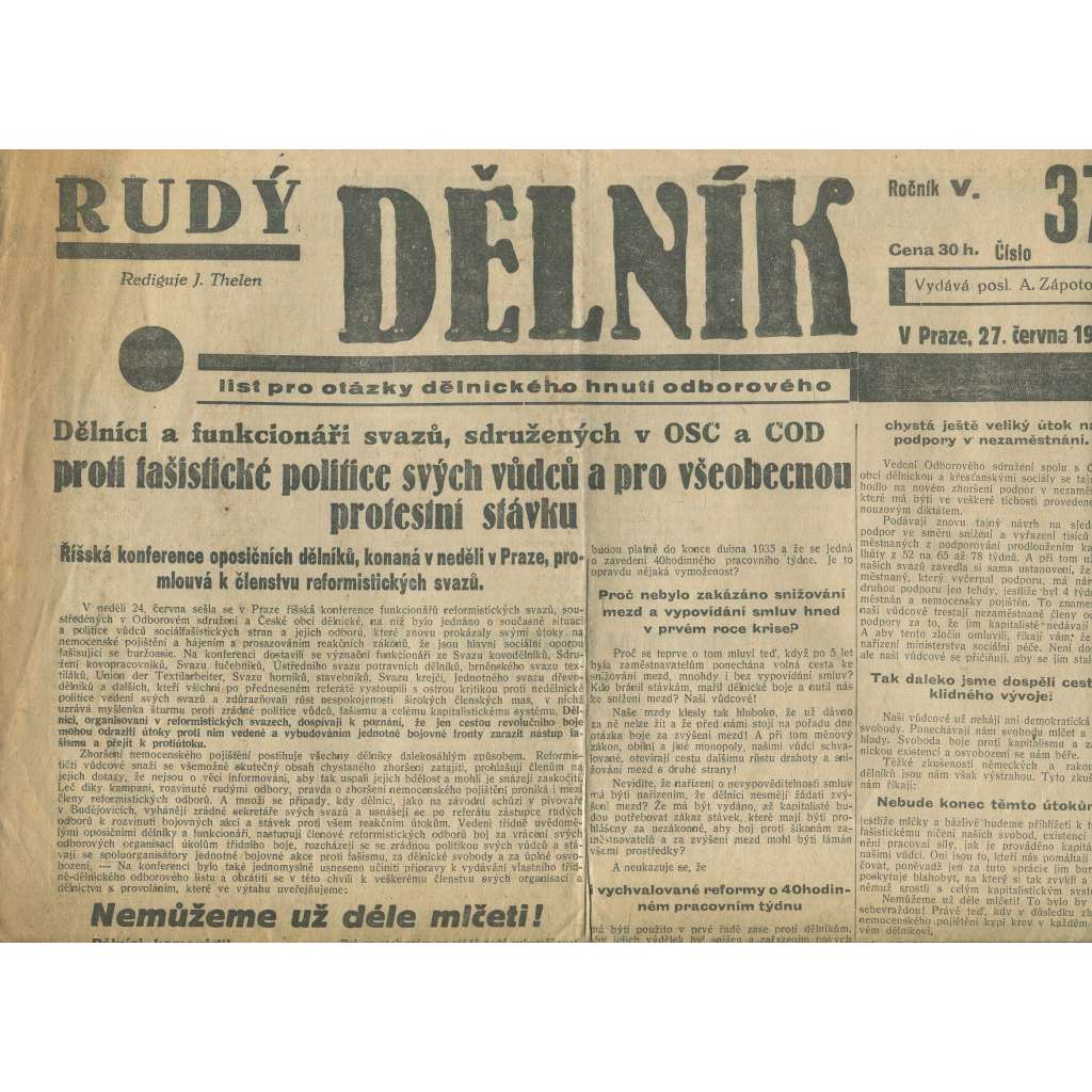 Rudý dělník, ročník V., číslo 37/1934. List pro otázky dělnického hnutí odborového (odbory, 1. republika, staré noviny)