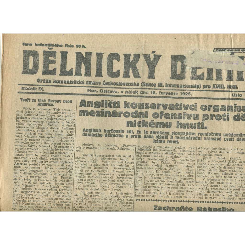Dělnický deník, ročník IX., číslo 162/1926 (1. republika, staré noviny, komunistická literatura) - Ostrava