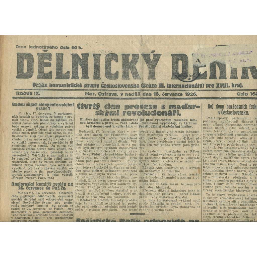 Dělnický deník, ročník IX., číslo 164/1926 (1. republika, staré noviny, komunistická literatura) - Ostrava